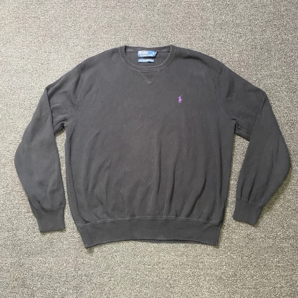 Polo Ralph Lauren Crewneck Sweater Black Mens Large Purple Pony Logo Cotton Prep